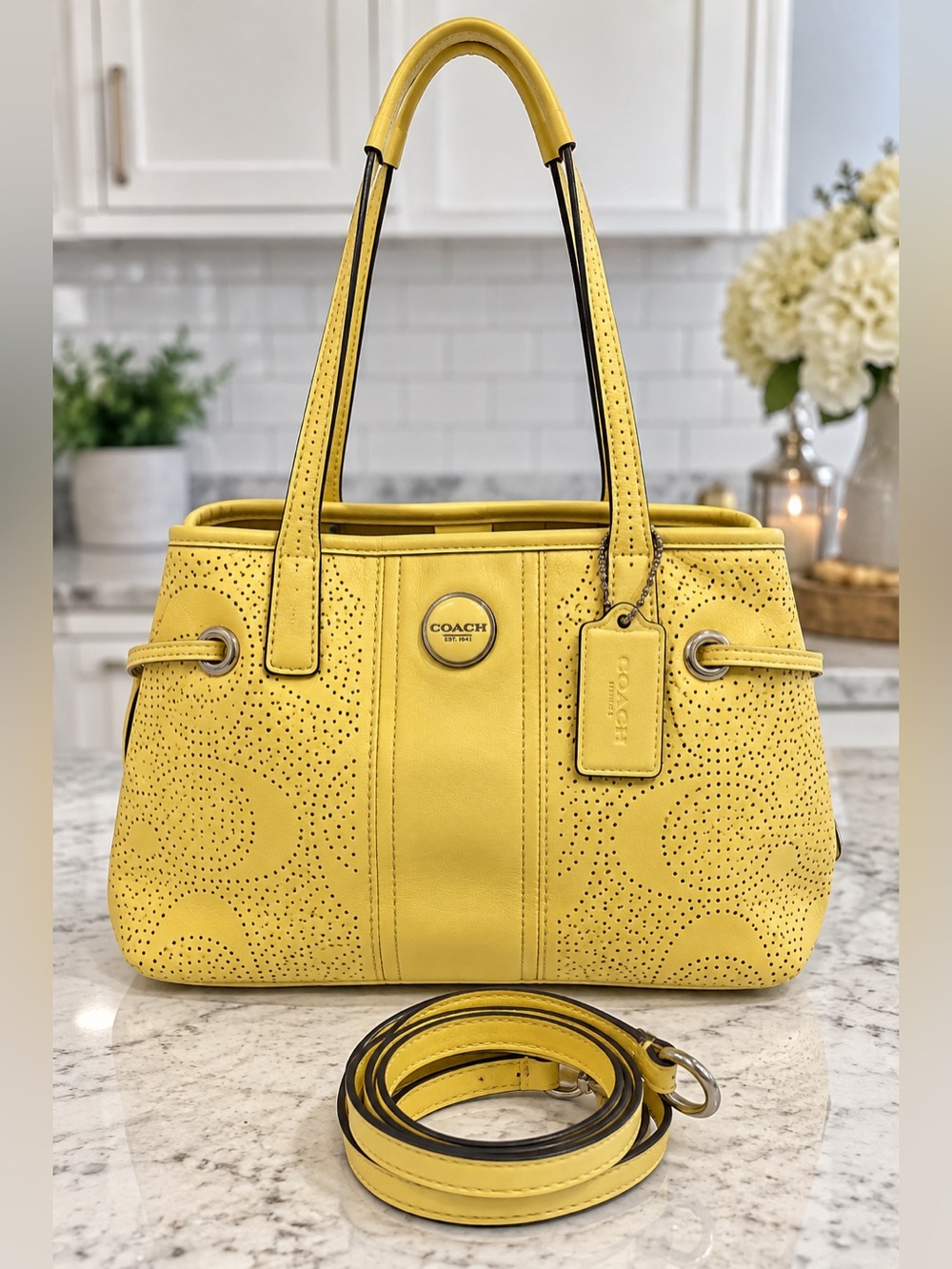 Coach Yellow Perforated Leather Convertible Tote Crossbody - F23021